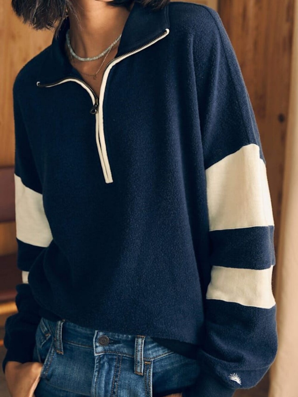 Faherty Beach Fleece Quarter Zip Navy Retro Sporty Preppy Pullover | Medium - Picture 3 of 10